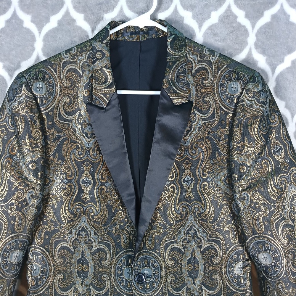 Topman Jacquard Blazer Sz 38R Gold Black Paisley Metallic Skinny Fit Suit Jacket